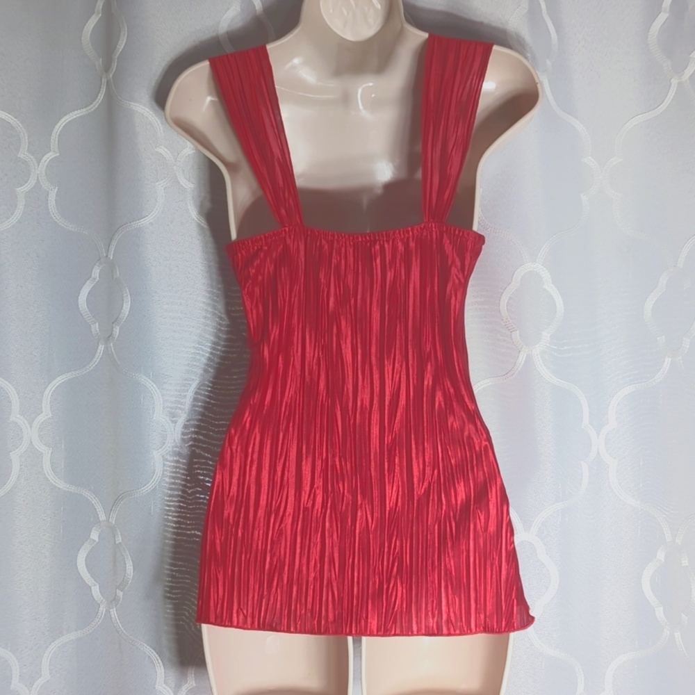 Vintage B-Wear Y2K Red Micro Pleated Babydoll Tank Top Medium - Picture 3 of 5